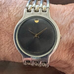 Movado Stainless Silver Bracelet All Steel Quartz Black Dial Watch